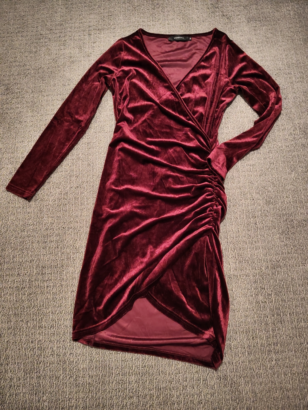 Ruched Velvet Wrap Long-Sleeve Dress in Wine